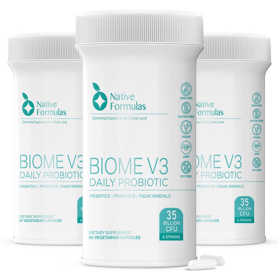 פורמולה Native Formulas V3 Probiotic, Prebiotic, & Fulvic מינרלים תוספי מזון - 35 מיליארד CFU - 6 סטרינס - 180 קפסולות טבעוניות - נשים וגברים - תמיכה ידידותית FODMAP