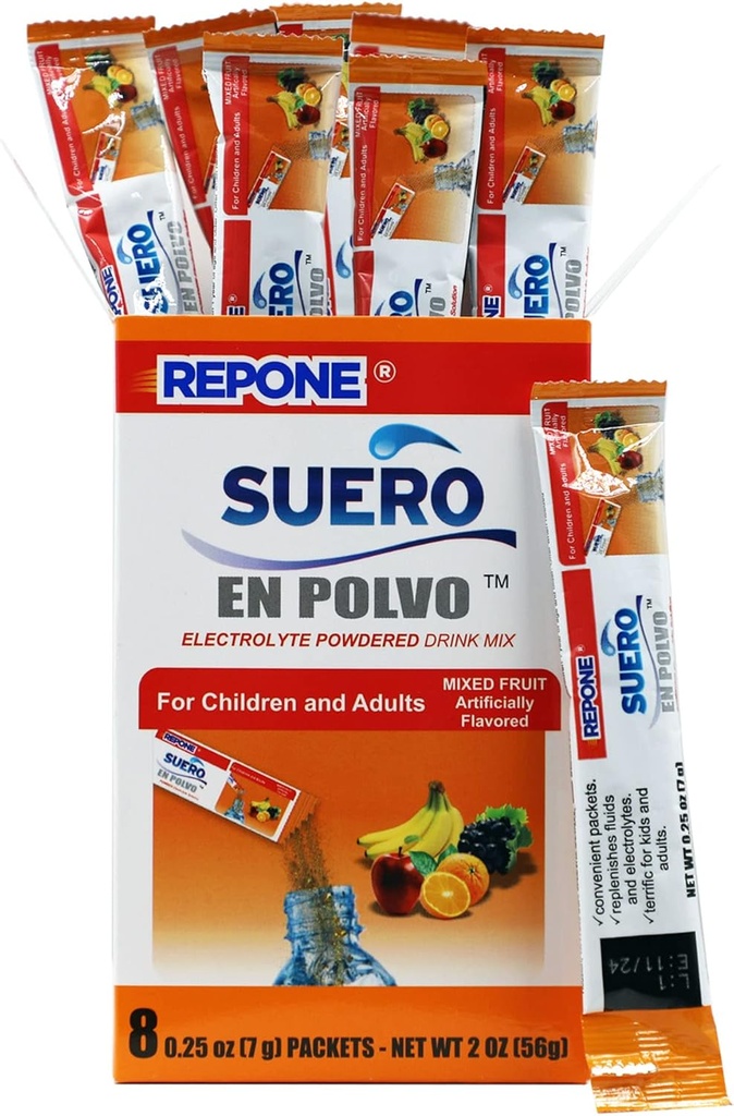RePONE SUERO Electrolyte אבקת פתרון פירות פלאמור, 8 Oz Packets, 1 Box with 8 Packets.