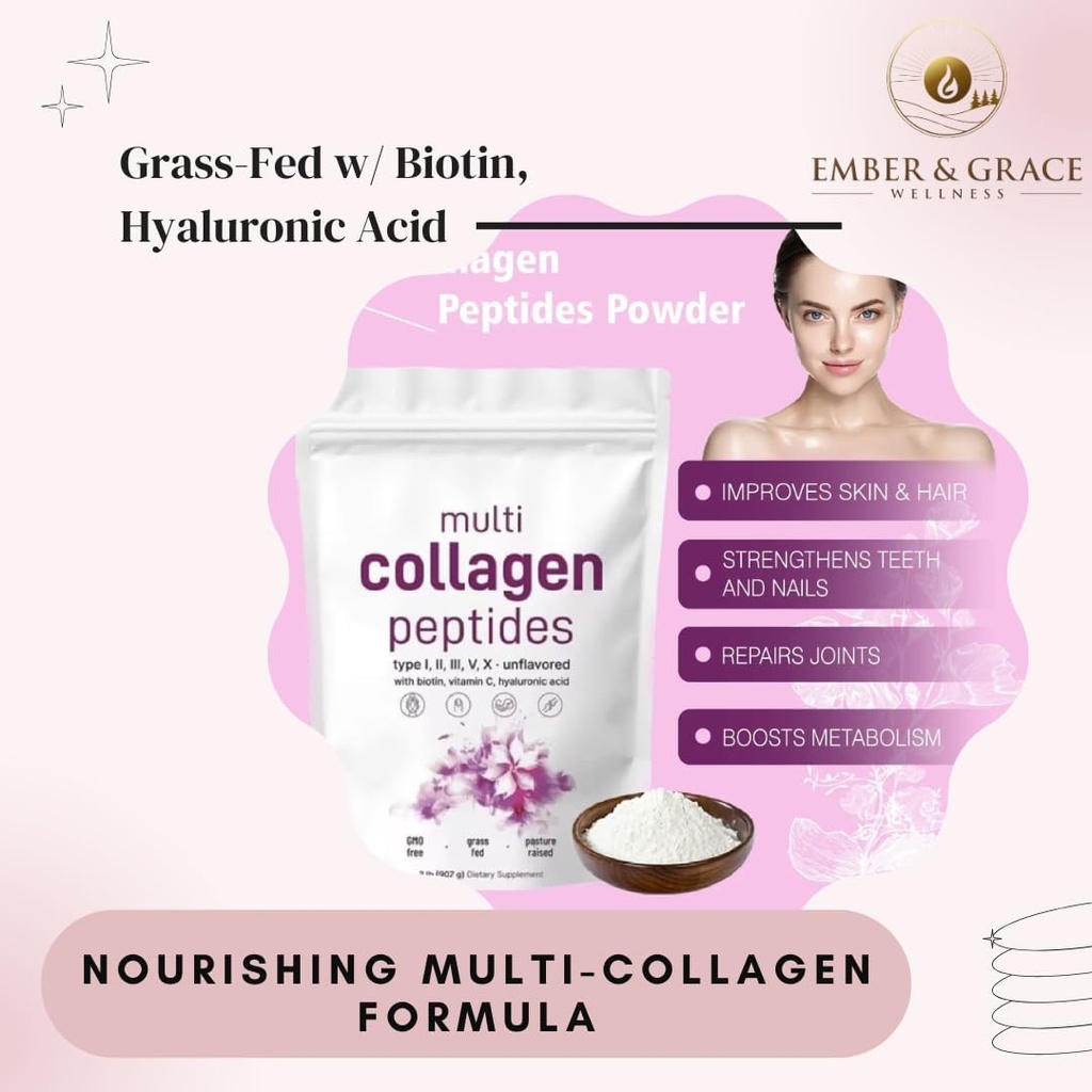 Ember & Grace Wellness Multi Collagen חלבון אבקת - סוג I,II,III,V,X עם biotin, Hyaluronic Acid, ויטמין C - Unflavored Collagen Peptides - Keto & Paleo Friendly, Easy Dissolve, non-GMO