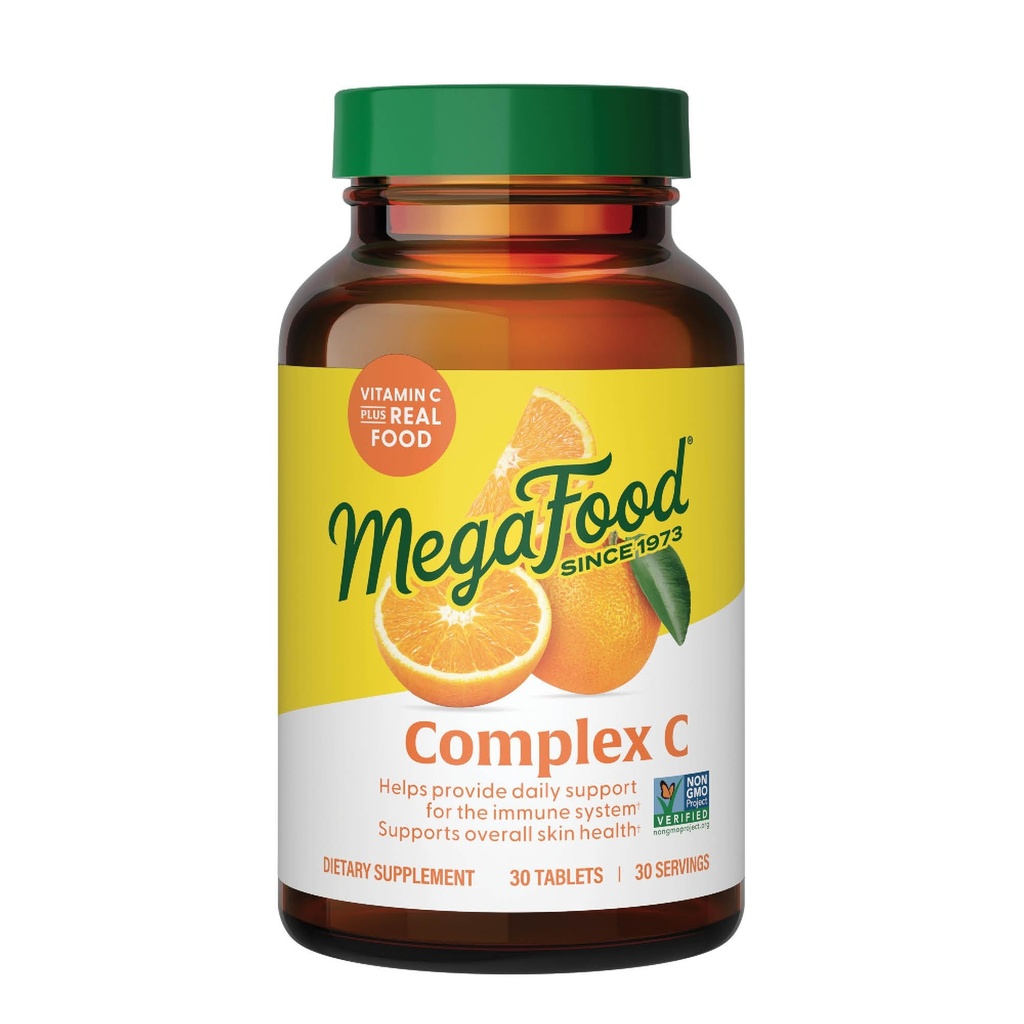 Mega Food Complex C - טבעוני Immune תמיכה תוספת עם ויטמין C 250 מ"ג, מיוצר עם מזון אמיתי כולל כתום, Cranberry & Brown רייס, Gluten-Free, כשר - 30 טבליות, 30 משרתות, 30 לשרתים