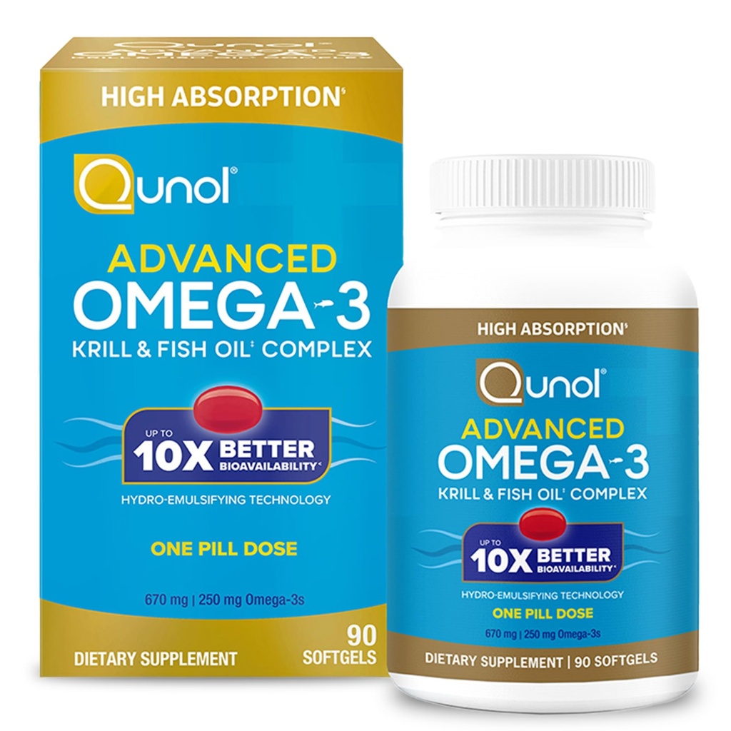 Qunol מתקדם אומגה 3 קריל ותרכובת שמן דגים, 10x Better Bioavailability, One Pill Dose, 250 מ"ג EPA & DHA, תומך במוח, עין, לב ובריאות משותפת, 90 Count (Pack of 1)