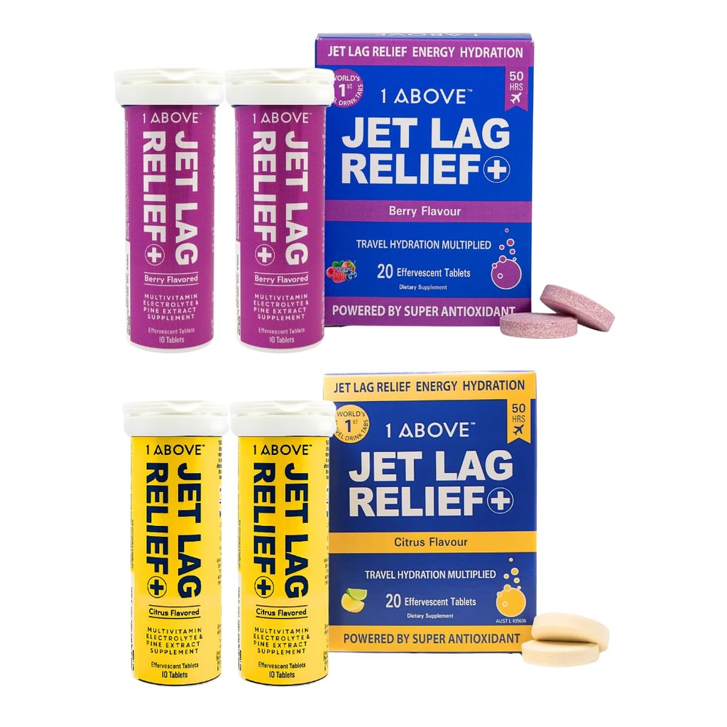 1AB Jet Lag הקלה Effervescent Multivitamin עם תוסף נסיעות Pycnogenol עבור הידרה, אנרגיה, תמיכה החיסון ו- Faster Recovery - Flight Essential - טיסה 20 Count ו ברי הרוזן 20