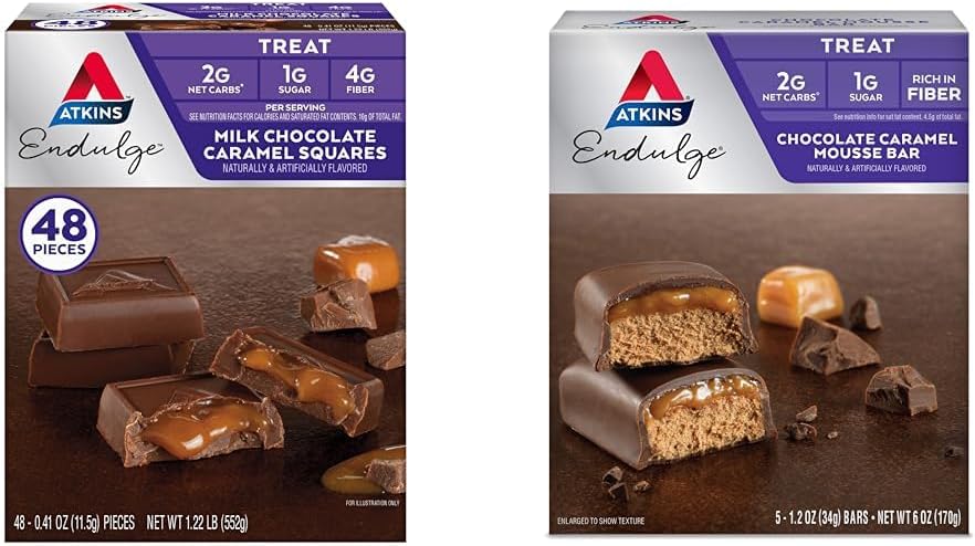 Atkins Endulge Milk Karamel Squares 48 Count & Chocolate Carmel Mosse Bars 5 הרוזן Bundle