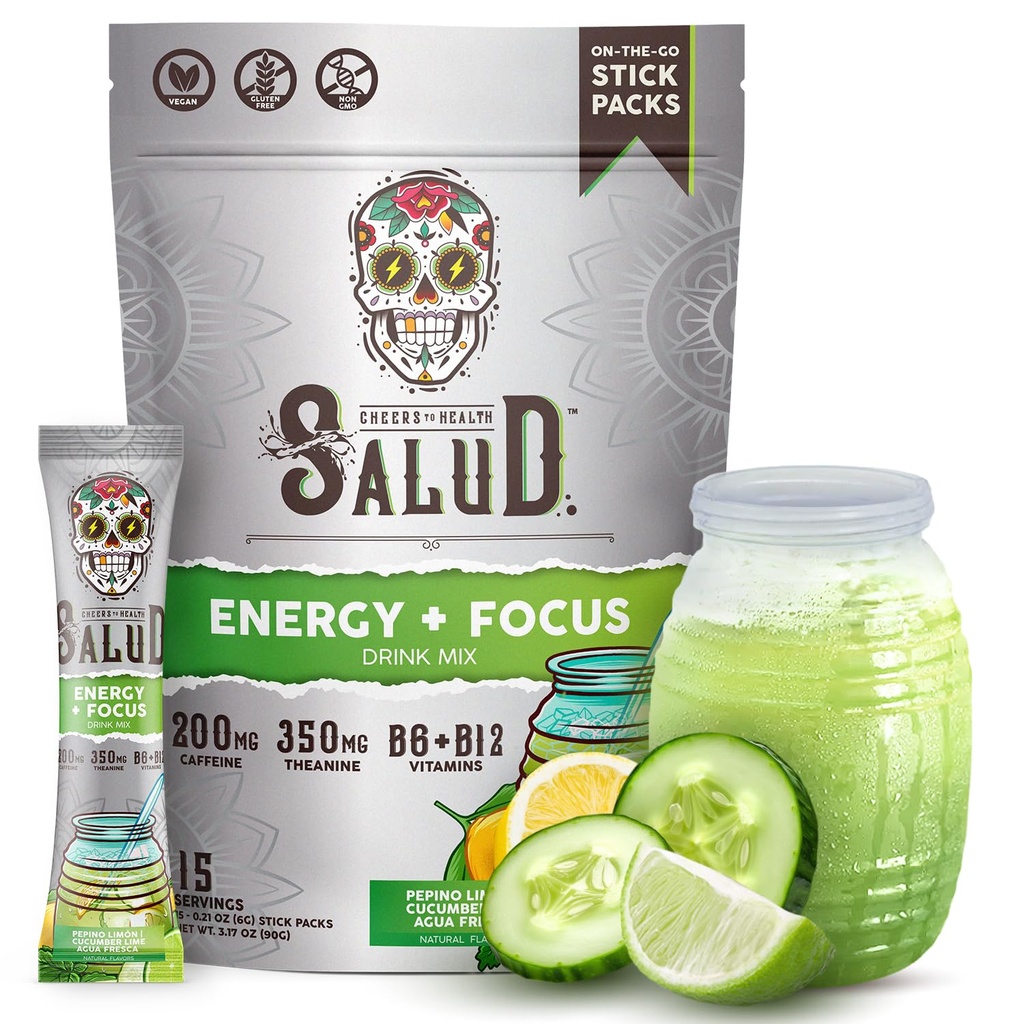 Salud 2-in-1 אנרגיה אבקת + Focus, קומבר Lime, אורגני Caffeine, B6 + B12, Theanine, ניקוי משקאות אנרגיה נקייה, Agua Fresca Mix, non-GMO, Gluten Free, טבעוני, 1g של סוכר, (15 משרתים)