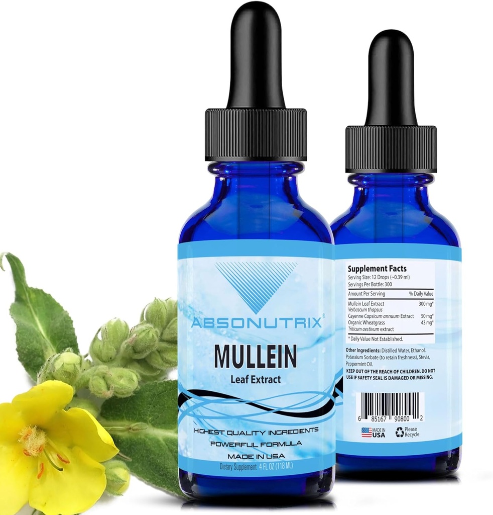 Absonutrix Mullein 300 מ"ג, 4 Oz נוזל, 300 משרתות, המיוצר בארה"ב, Quick Absorption, Quality Potent Ingredients, Non-GMO, GMP Certified Facility, Cruelty-Free Products
