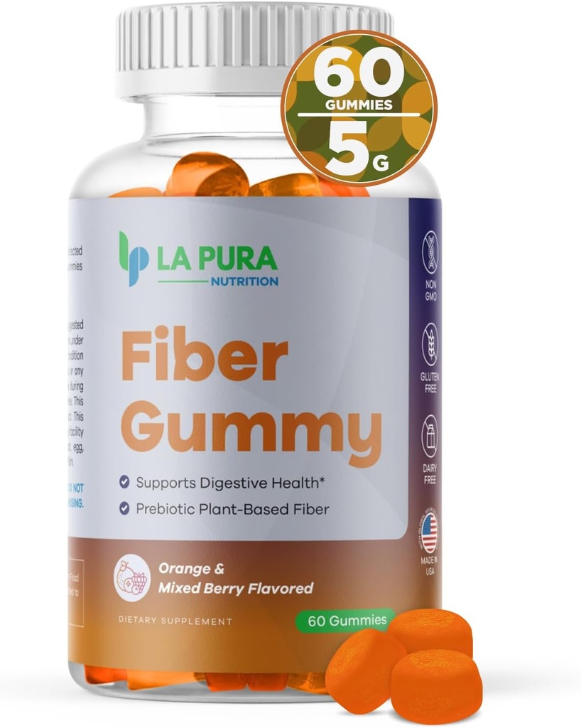 LaPura Prebiotic Chicory Rootfi Gummy 5g, 60 חניכיים - תמיכה בריאות העיכול, טרוםביו צמחי מבוסס כדור - כתום & מעורב ברי פלמור - non-GMO, Gluten-Free, Made בארה"ב
