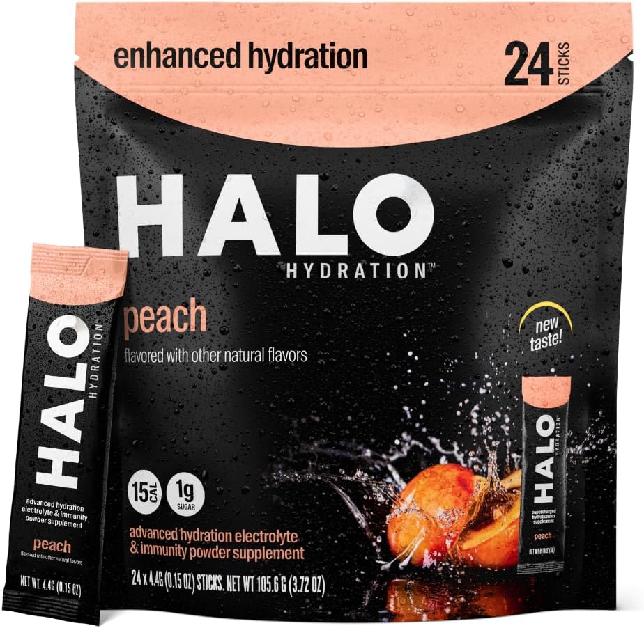 Halo hydrotion Electrolyte אבקת Packets - Peach - 24 לשרתים (5g כל) - משקה לחות אורגני עם סוכר נמוך + ויטמינים חיוניים + מינרלים - טבעוני