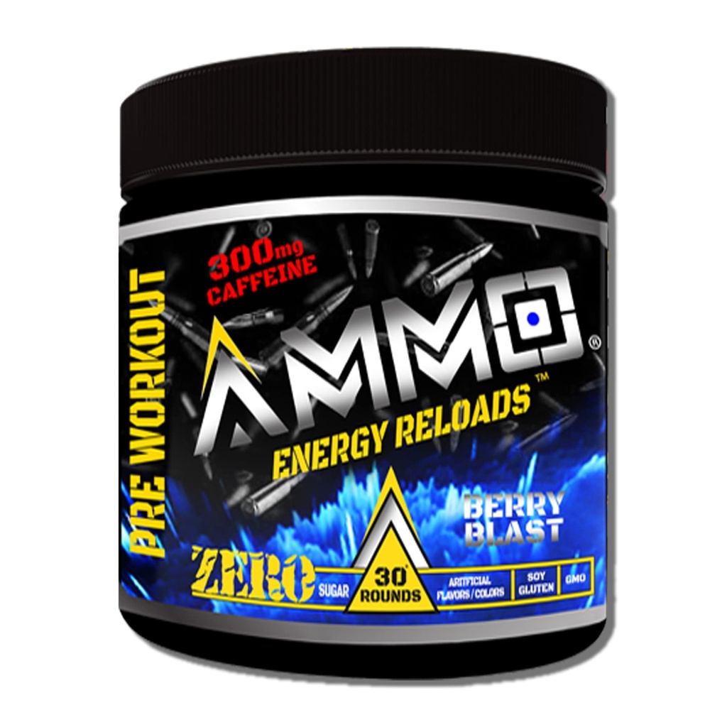 AmMO ® Energy ReloadsTM Pre Workout אבקת - 300 מ"ג Caffeine Zero Sugar Vital Aminos ו- Electrolytes No Artificial Flavors or Colors (Berry Blast)