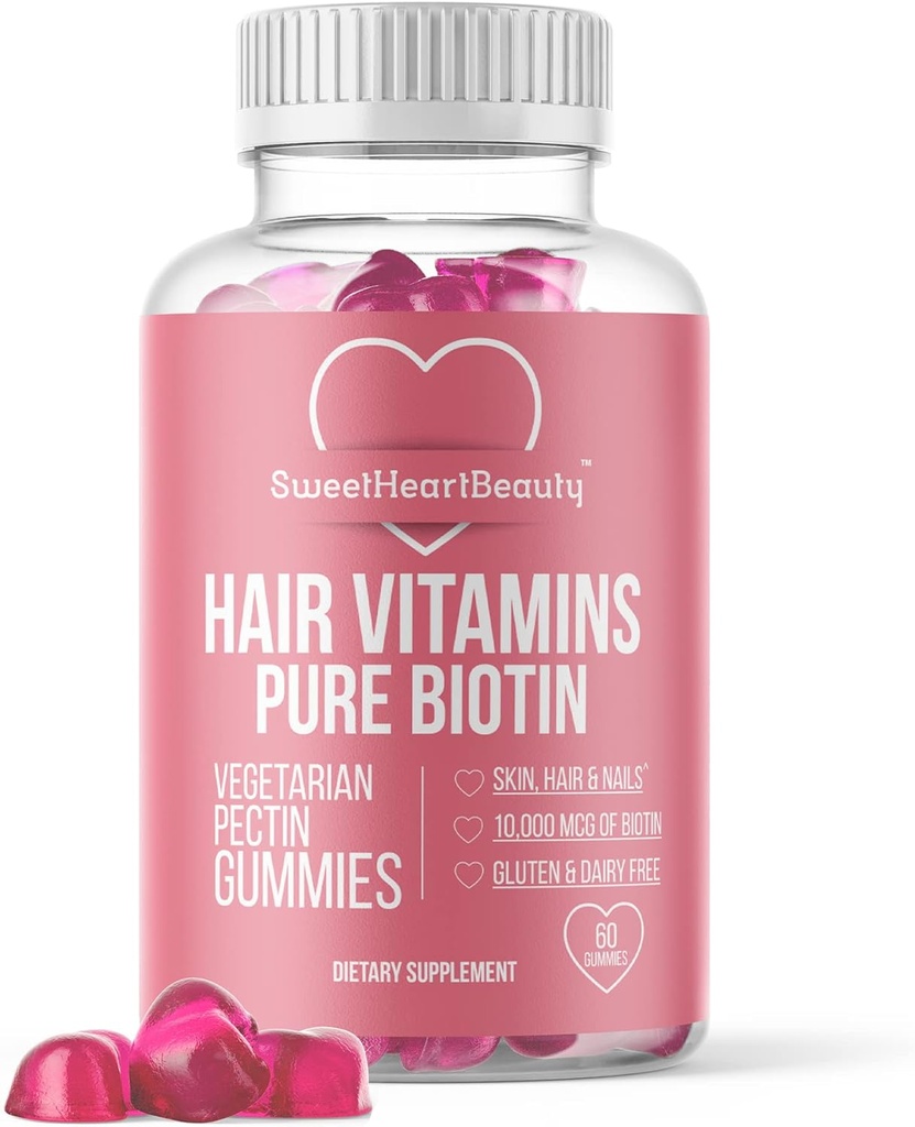 Biotin 10000mcg Gummies by Sweetheart Beauty - Biotin Gummies for Hair Skin and Nails for Women, Men & Kids - Hair Vitamin Gummy - Vegan, Non-GMO, 60 Biotin Chewables for Faster Hair Growth