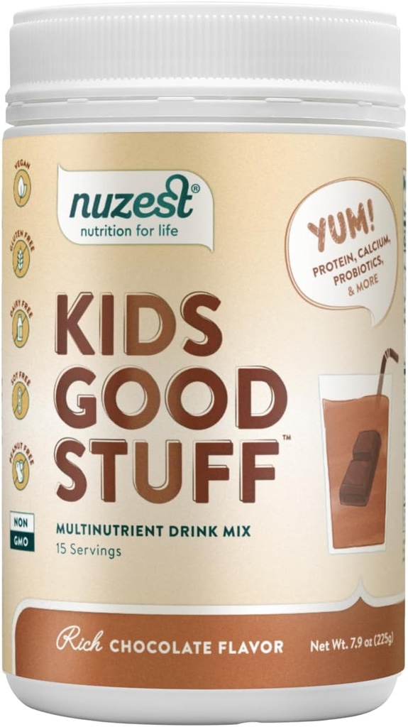 Nuzest - Kids Good Stuff - טבעוני Smoothie Mix - שוקולד עשיר - חלבון תוספי תזונה חלבון שקד - חלב חינם - תמיכה צמיחה ופיתוח - 225g / 7.9 oz (15 משרתים)