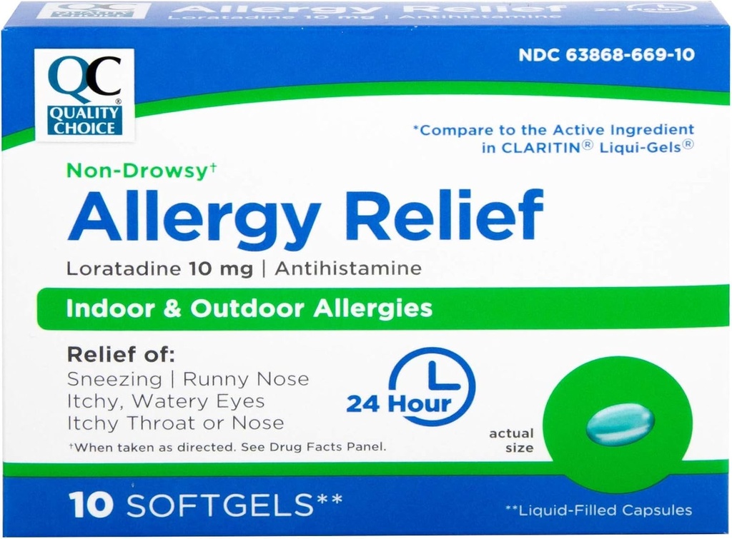 איכות הבחירה Allergy הקלה, 24 Hour non Drowsy Allergy הקלה עבור Indoor & חיצונית אלרגיות, Antihistamine Loratadine 10 מ"ג, נוזל מלא Softgels, 10 הרוזן