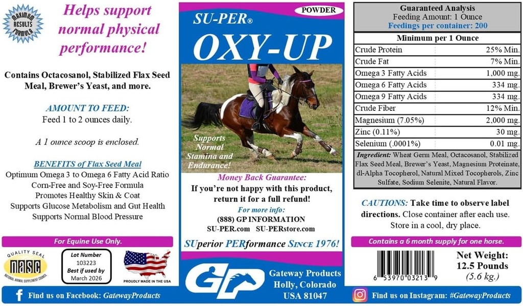 SU-PER Oxy-Up Performance Horse תוספת - תמיכה רגילה Stamina ו- Endurance - חיטה גרם פלט, ויטמין B-Complex, Magnesium - 12.5 פאונד, 6 חודשים אספקה