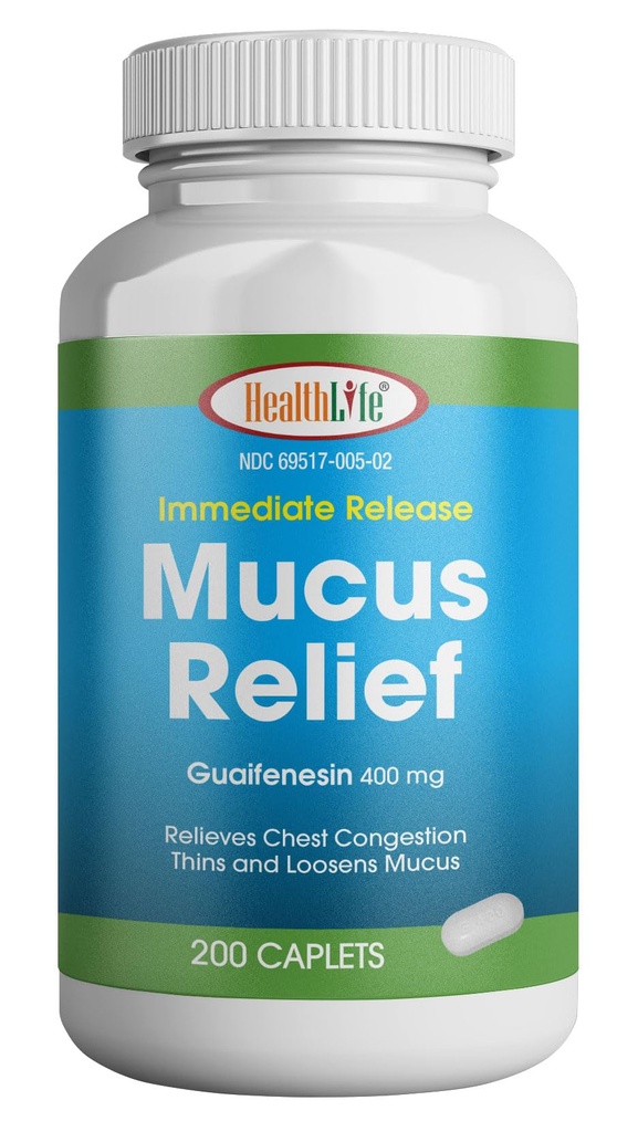 HEALTH LFE Mucus Relief Guaifenesin Caplets 400 מ"ג, Immediate לשחרר Fast Acting מצפהorant, רזה ו-Fosens Mucus, Relieves Chestungestion, Cough, Cold and Flu (Medium, 200 Count)