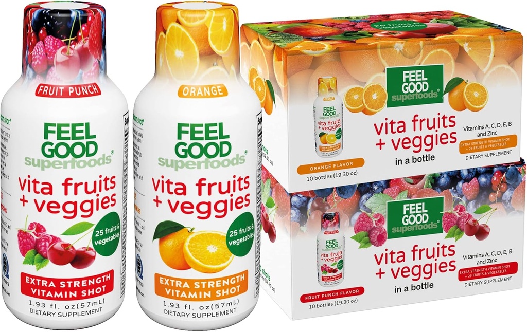 להרגיש טוב Superfoods Vita פירות ו- Veggies Immune Support Shot תוספים, 25 פירות אורגניים ו Veggies, מוכן לשתות Immunity Booster, 10 כתום ו 10 פירות פונצ'ר, Combo Pack של 20