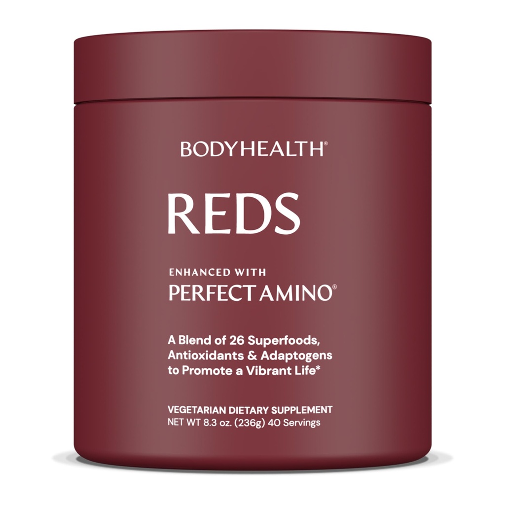 BodyHealth Reds Enhanced עם PerfectAmino - אבקת Superfood היומי עם אנטיoxidants, הסתגלות, Phytonutrients, פירות, פרביוטיקה, פרוביוטיקה, סיבים וחלבון - 40 משרתים