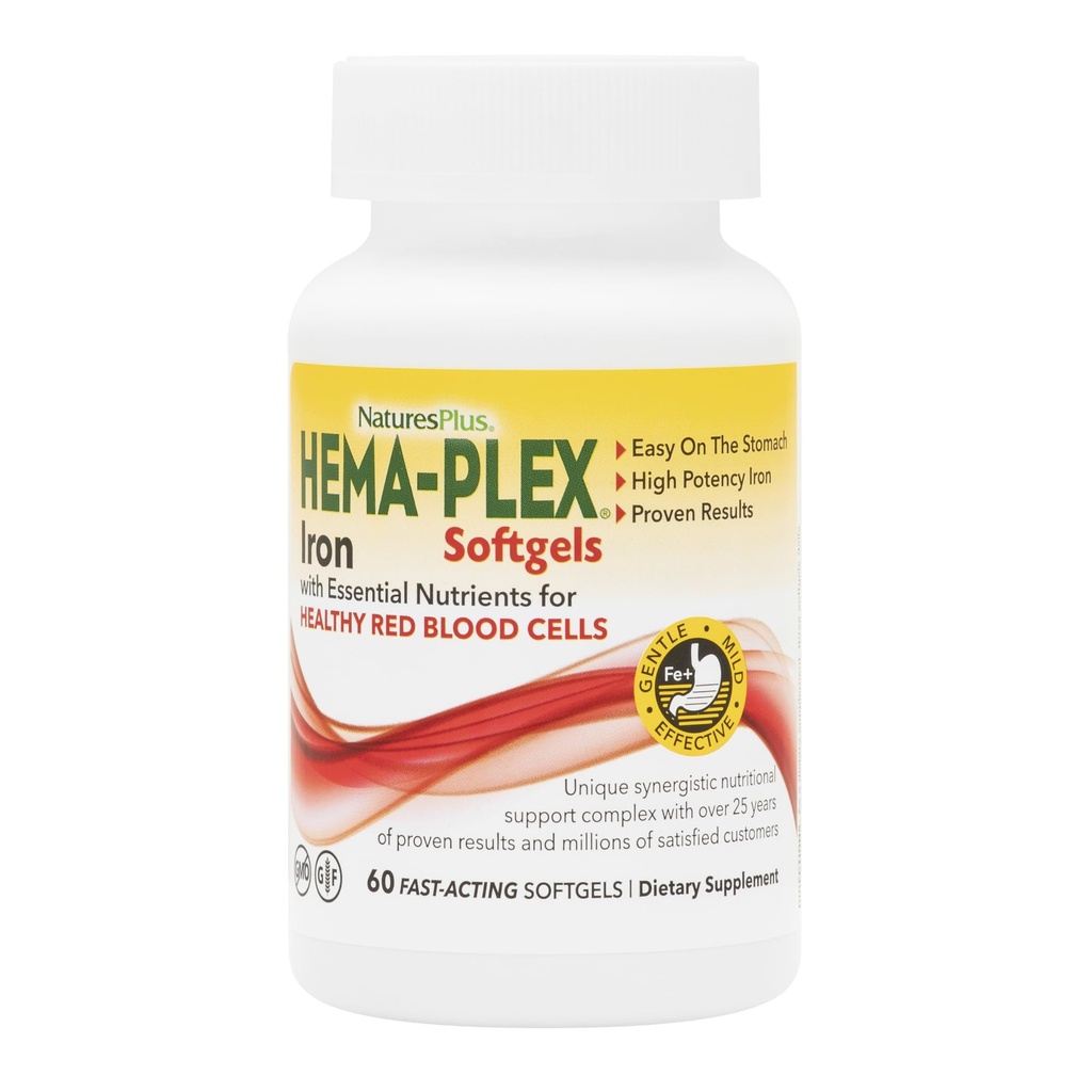 NaturesPlus Hema-Plex Iron - 60 Fast-Acting Softgels - 85 מ"ג ברזל + ויטמין C & Bioflavonoids עבור תאי דם אדומים בריאים - טבעוני, גלוטן חינם - 20 משרתים