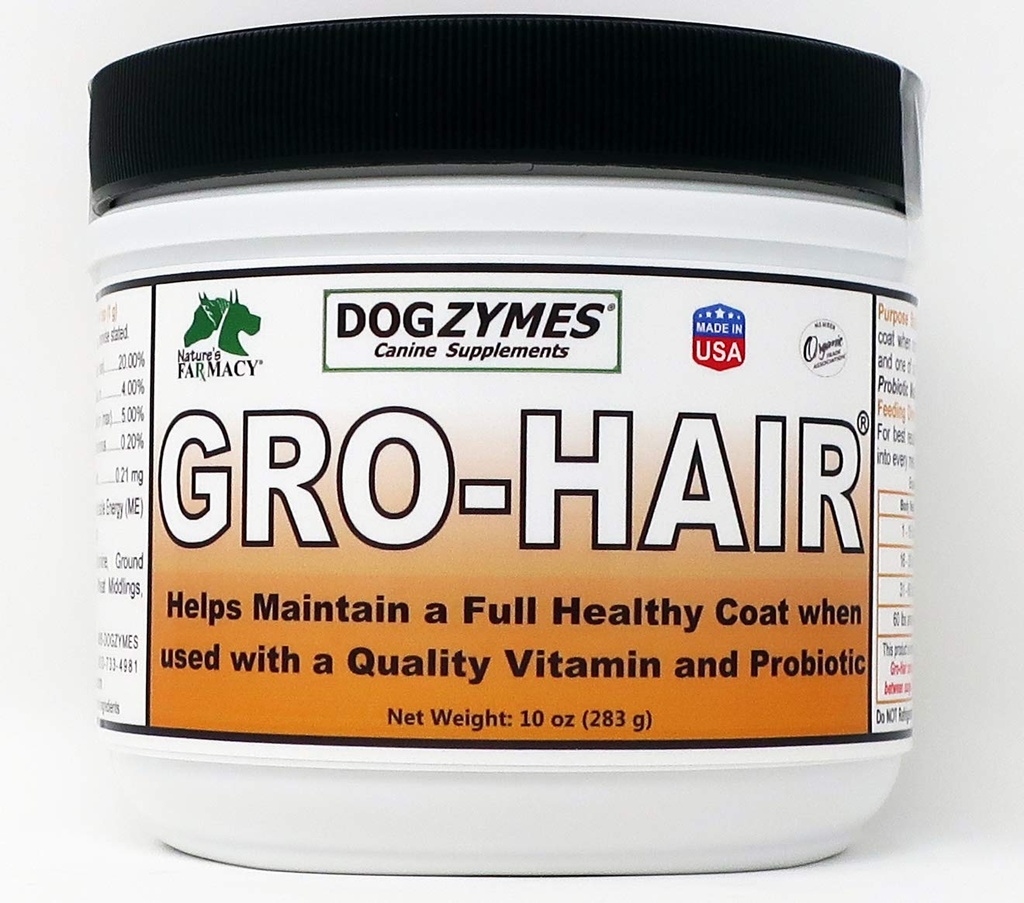 כלב zymes GRO-Hair במשך זמן של קואט או Feathering, צמיחה מהירה או כאשר ספורד קול ו / או Bald Spots צריך למלא.