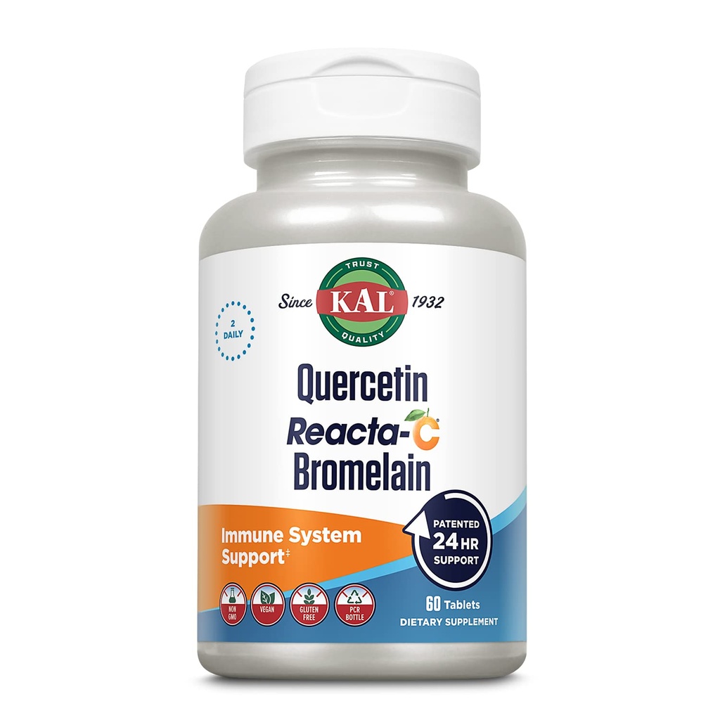KAL Quercetin Reacta-C Bromelain Immune Support Supplement, 24 Hour Immune Defense with Bioflavonoids, ויטמין C 1000 מ"ג ו- Quercetin 500 מ"ג, טבעוני, Gluten Free, 60-Day Promise, 30 הגשה, 60 טבליות