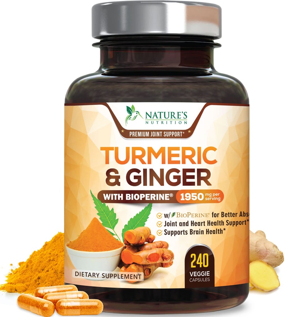 תוסף Turmeric Curcumin 1950mg - 95% Curcuminoids עם כורכומרי אורגני וג'ינג'ר, BioPerine Black Pepper for Best Absorption, Nature's Joint Support, Non-GMO, בבקבוק בארה"ב - 240 קפסולות