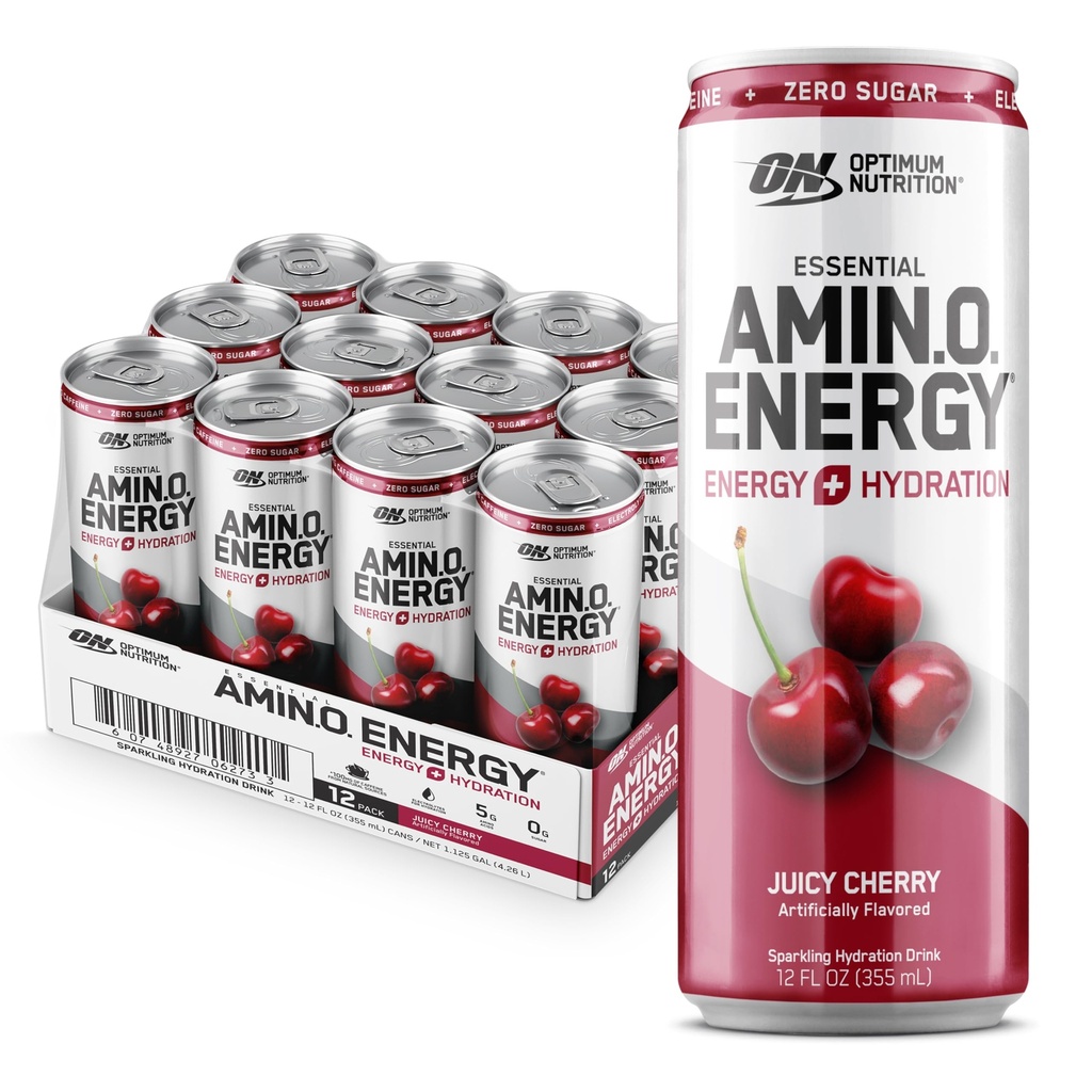 Optimum Nutrition Amino Energy Sparkling hydrotion לשתות, Electrolytes, Caffeine, Amino Acids, BCAAs, סוכר חינם, ג'רי, 12 Fl Oz, 12 Pack (Packaging May Vary)