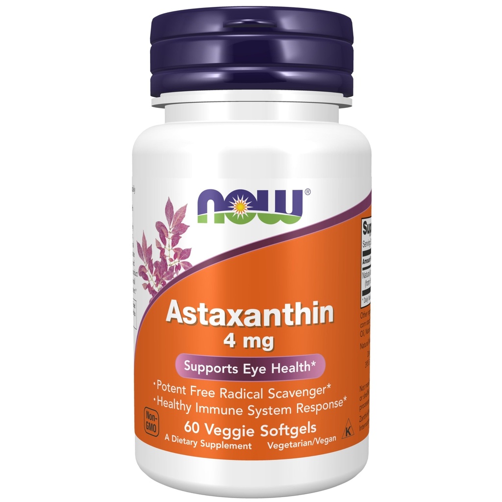 עכשיו תוספי מזון, Astaxanthin 4 מ"ג, תכונות Zanthin®, תמיכה בריאות העין *, 60 Veg Softgels