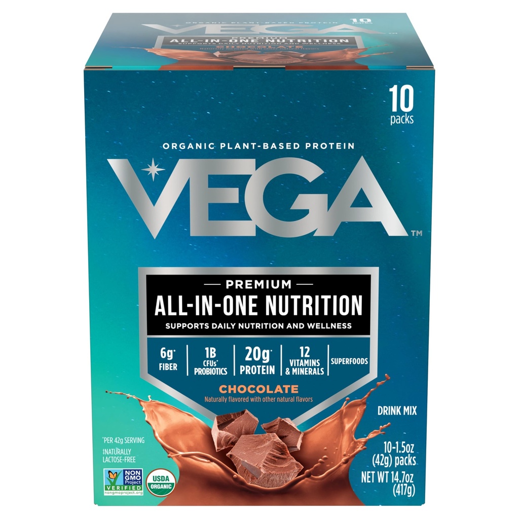 Vega אורגני All-in-One Vegan אבקת חלבון, שוקולד - Superfood Ingredients, ויטמינים לתמיכה בתחמושת, Keto Friendly, Pea חלבונים לנשים וגברים, 14.7 oz (Packaging May Vary)