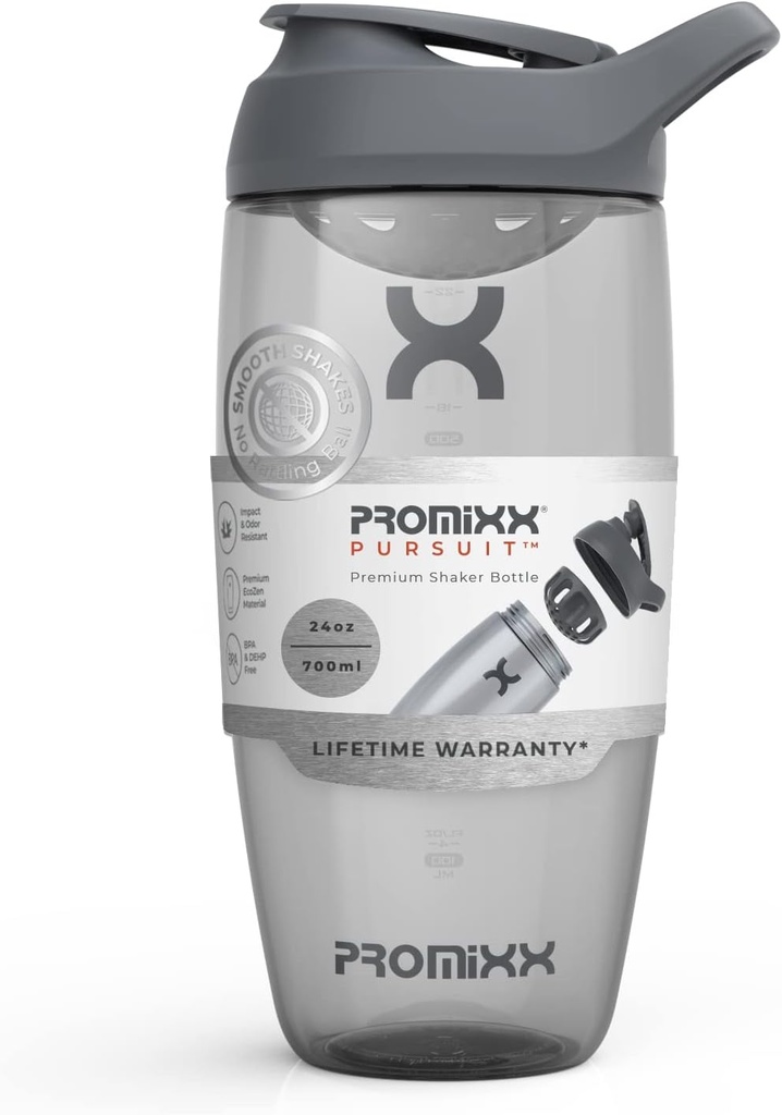 Promixx Pursuit חלבונים Shakerבק (24 oz) - Silent No-Ball Mixer, Leak-Proof Lid, BPA / BPS & Phthalate-Free ECOZEN - Easy-Clean Shaker Cup for Protein Shakes, Pre & Post-Workout Smoothies