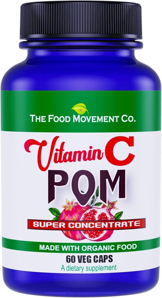 ויטמין C של תנועת המזון ויטמין C Pom - Pomegranate superfood Concentrate בשילוב עם 100% צמחי מבוסס ויטמין C של אורגני Acerola Cherry ו Camu Camu- טבעוני - Gluten Free - 60 קפסולות