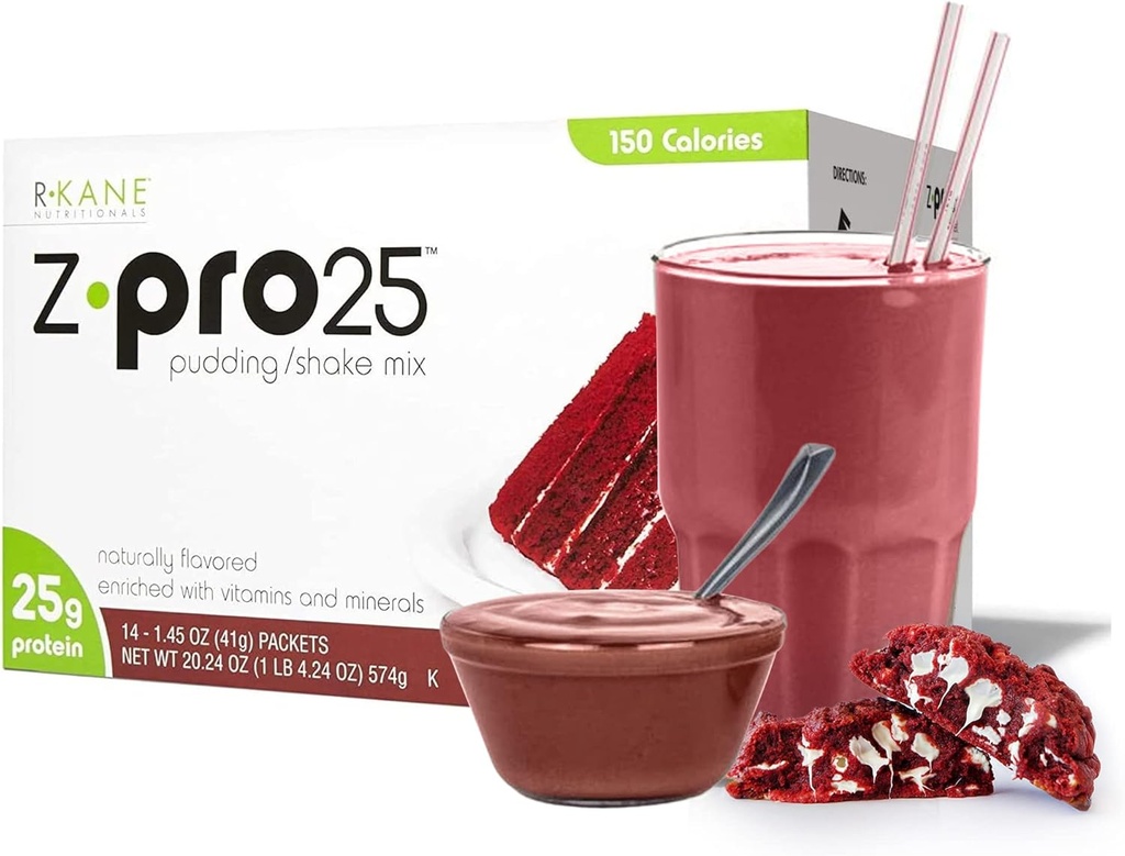 R-Kane Nutritionals Z-Pro Red Velvet חלבון שתייה Mix - חלבון גבוה, Low Calorie Low Fat Shake ו-Pudding Mix - Mealחליף, On-The-Go Packets - ארוחת בוקר Boost - 25g חלבונים - 14 Packets