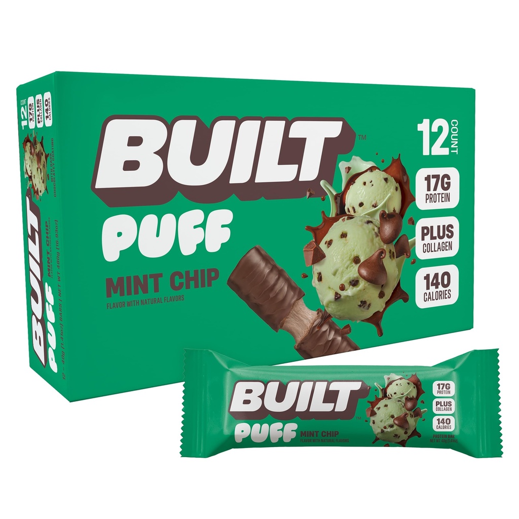 נבנה בר, Puff חלבונים Bars, Mint Chip Puff, 17g חלבונים חטיפים, On-The-Go Bars, רק 140 קלוריות, 6g Sugar, Collagen, Gluten Free, Count 12