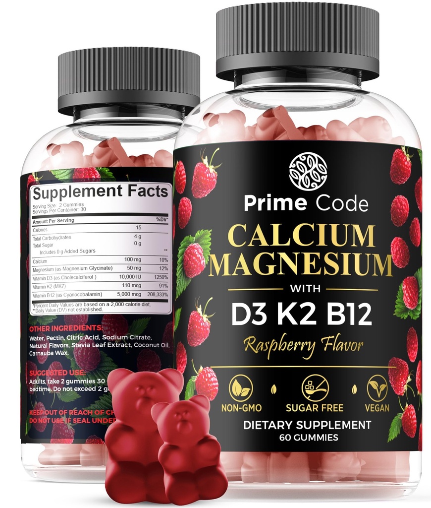 [5 ב 1] Calcium Gummies עבור נשים וגברים עם מגנזיום ויטמין B12 ויטמין K2 & ויטמין D3 | תוסף Calcium עבור מבוגרים 100 מ"ג, מגנזיום תוספת למבוגרים 50 מ"ג | Non-GMO