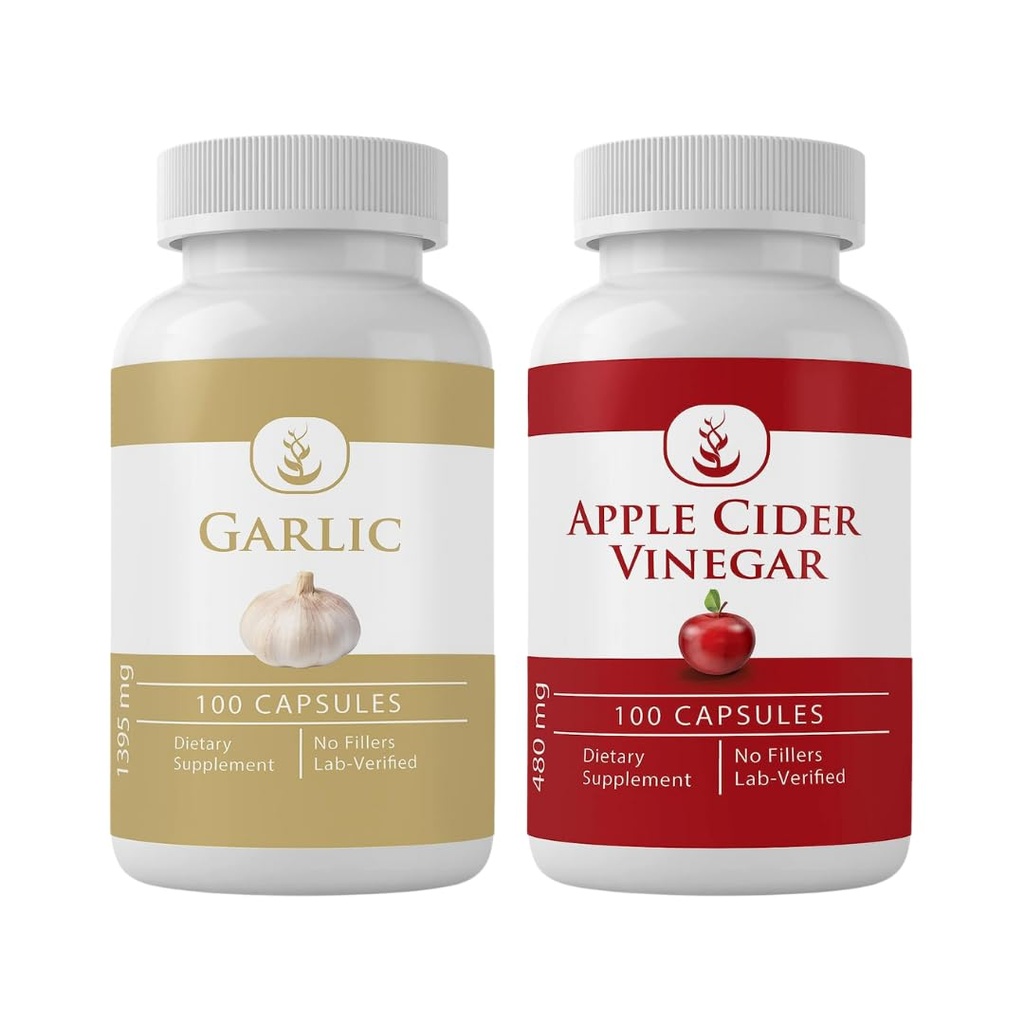 PURE ORIGINAL INGREDIENTS Garlic & Apple Cider Vinegar קפסולת Bundle (100 קפסולות כל אחד), ללא תוספות או מילויים, מעבדה מאומתת