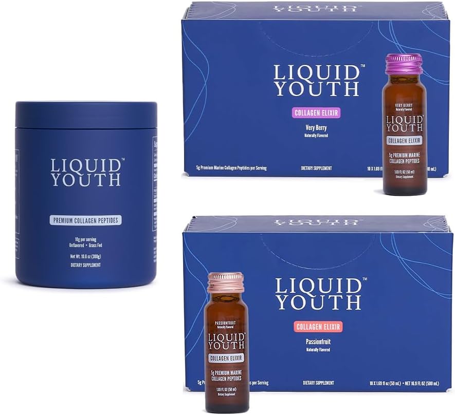 Collagen Peptides אבקת & נוזל קולג'ן אלקסייר יורה עבור נשים וגברים - סוג I & III Premium Grass-fed Bovine & Marine Collagen - מקדם צמיחת שיער, עור, ריח, עצם ובריאות משותפת (50 משרתים)
