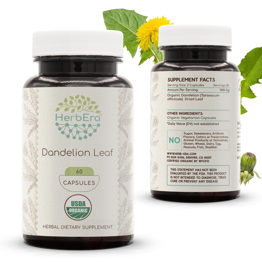HerbEra Dandelion Leaf USDA אורגני 60 קפסולות | תוספי צמחי טבעי | קפסולות וטרינריות אורגניות ו Dandelion אורגני (Taraxacum Officinale) Dried Leaf (60 קפסולות)