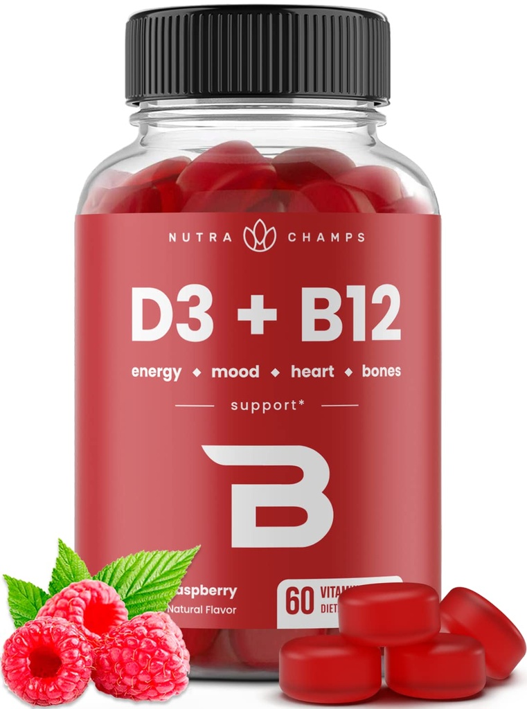 NutraChamps ויטמין D3 & B12, Methyl B12 חניכיים למבוגרים וילדים, משופרת עם ויטמין D 3 & B9 ויטמין Folate, אנרגיה טבעית, Mood, Metabolism & Focus, Raspberry, 60 מסטיקים