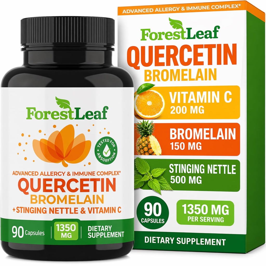 ForestLeaf Quercetin עם Bromelain 1350 מ"ג - תערובת עם ויטמין C & Sting Nettle תוסף, Quercetin 500 מ"ג קפסולות, non-GMO Gluten חינם, Natural Immune & Respiratory פונקציונלי, 90 Veggie Capscaps