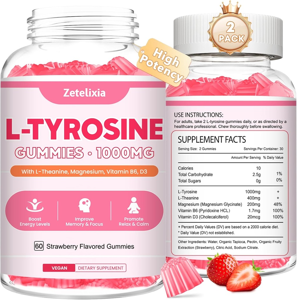 2 Pack L- Tyrosine Gummies, L-Tyrosine חניכיים, L-theanine Gummies עם ויטמין B6 D3, Focus Gummies תמיכה זיכרון, אנרגיה, Mood for Adults & Kids, Strawberry Flavor, 120 הרוזן ספירה