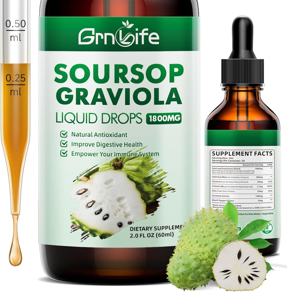 (1 Pack) Soursop Graviola נוזל טיפות עם Sea Mosss & Turmeric, Soursop Bitters for Cell Support & Regeneration, Antioxidant ו Immune, 2 Fl / Oz