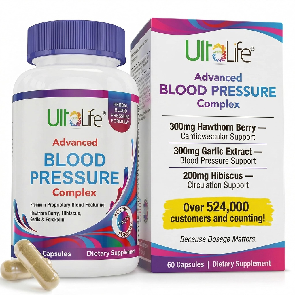 ULTALIFE Blood Pressure Supplements - Advanced Blood Pressure Complex - הות'ורן ברי, Hibiscus, Garlic, Forskolin - 14 ויטמינים & Herbs, 30 יום אספקה בקפסולות Veggie