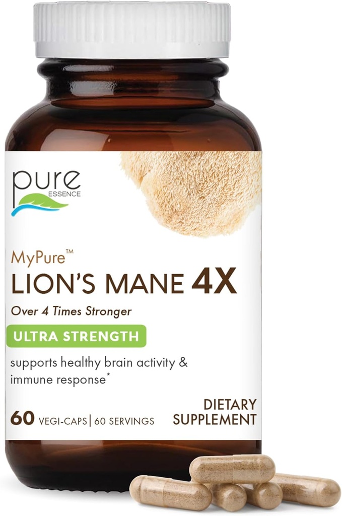 ESSENCE LABS MyPure Lion's Mane 4X - Ultra Power Brain Support Supplement with 6:1 Hot Water Extract & 10:1 Extract for Cognitive Health, Focus, Memory & Mental Clarity, 60 קפסולות