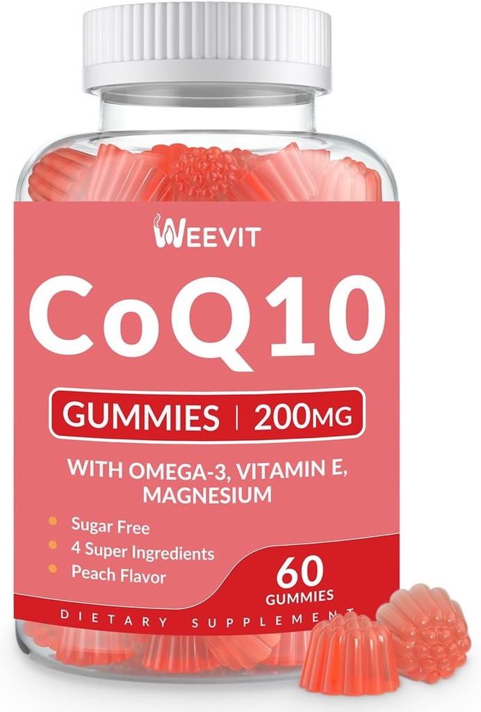 סוכר חינם CoQ10 חניכיים 200 מ"ג, Coenzyme Q10 w / Omega 3, ויטמין E למבוגרים, Co Q10 תוספת עבור אנטי-חמצן, אנרגיה, תמיכה במוח