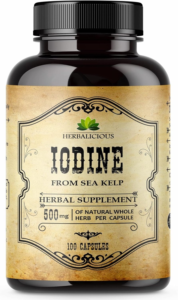 טבליות Iodine של HERBALICIOUS - Iodine טבעי מ ים Kelp - תוסף תמיכה Thyroid לאנרגיה, עיכול, מוח ועצם בריאות - non-GMO, Gluten-Free - 100 קפסולות