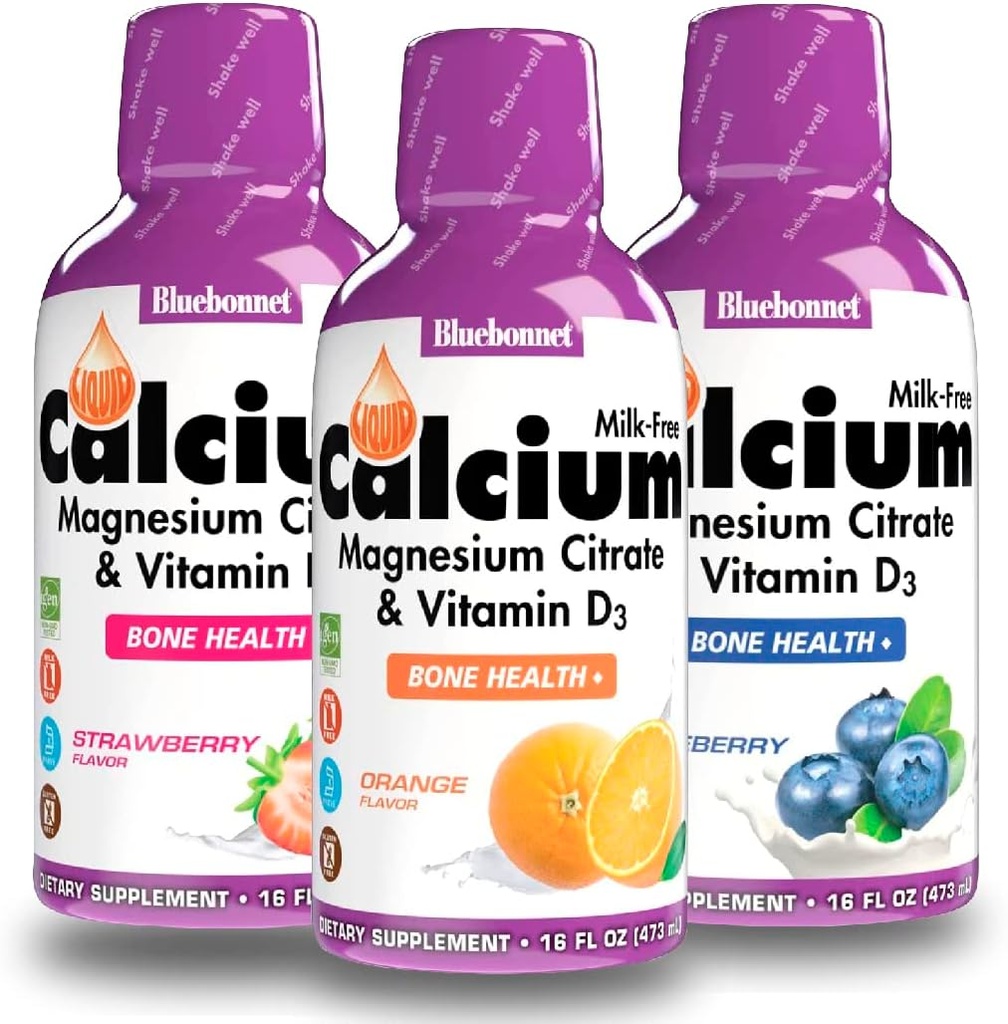 Bluebonnet נוזל Calcium Citrate Magnesium Citrate, ויטמין D3- Bundle של אורנג, Blueberry ו- Strawberry Flavor, 3 בקבוק של 16 Fl Oz כל אחד (48 Fl Oz Total)