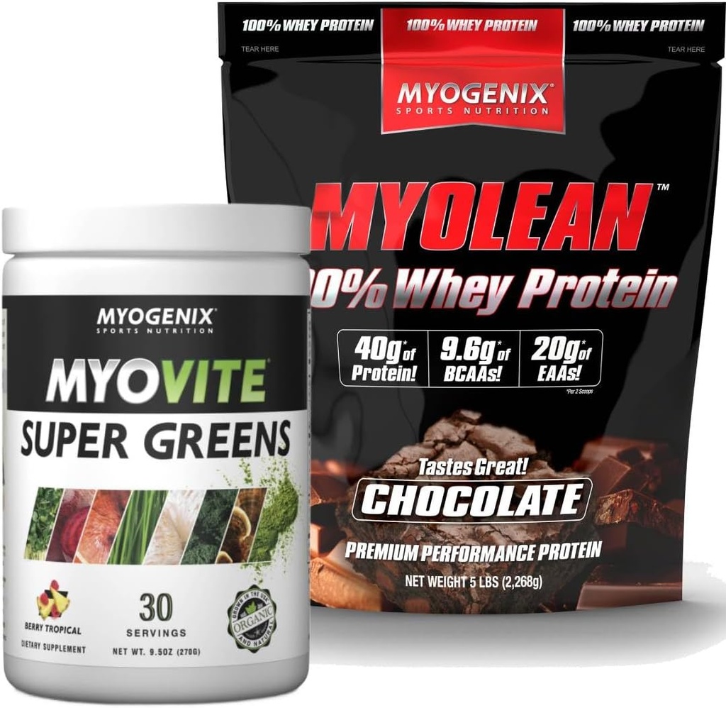 Myogenix Myovite Supergreens אבקת & Myolean Chocolate Whey Protein Bundle - Digest, Immunity & 40g High-Protein Whey - תמיכה בבריאות, צמיחה שרירים ושיקום