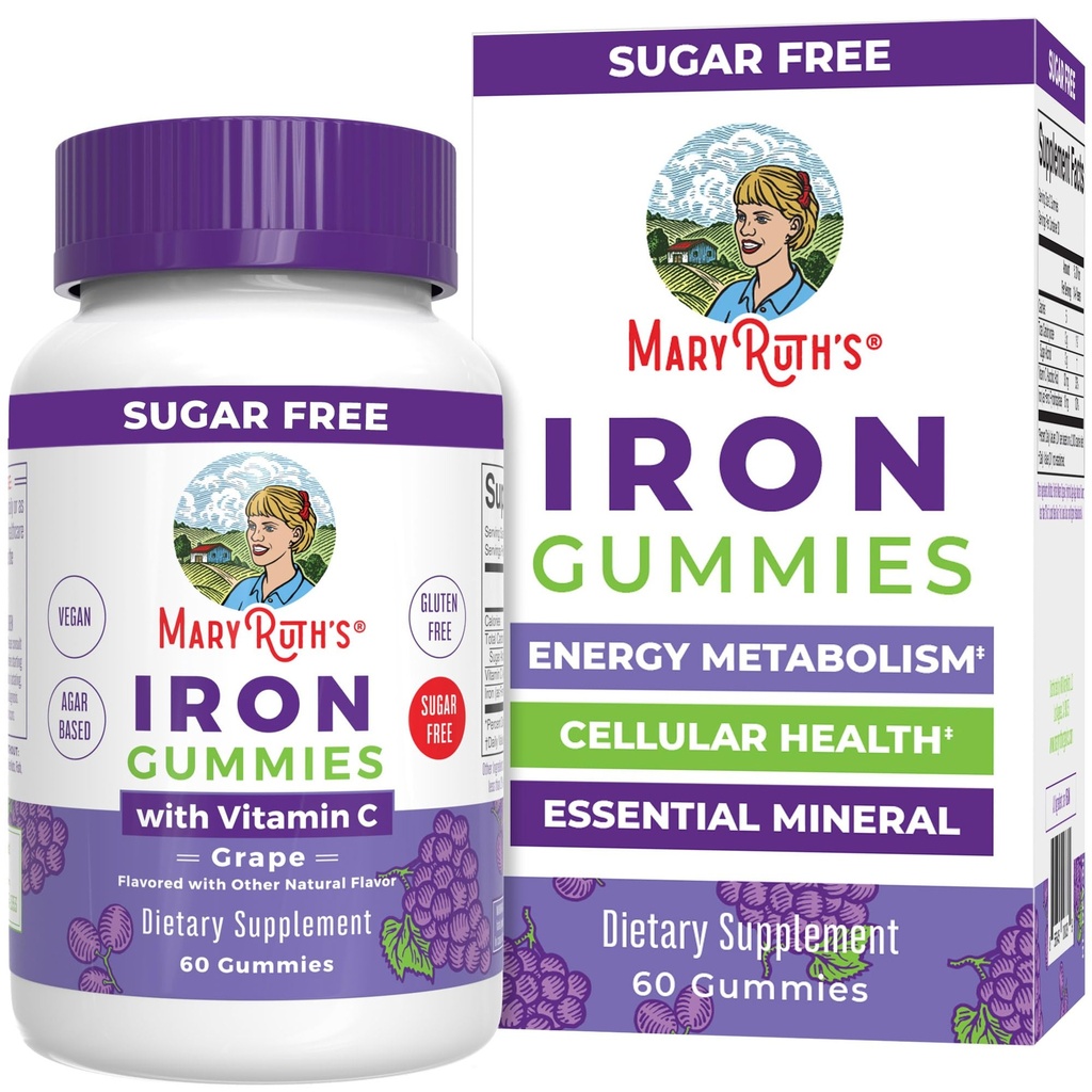 MaryRuth Organics Iron Gummies עבור 14+ עם ויטמין C עבור Absorption | סוכר חינם | חניכיים תוספת + VIT C | אנרגיה Metabolism | בריאות סלולרית | Immune Support