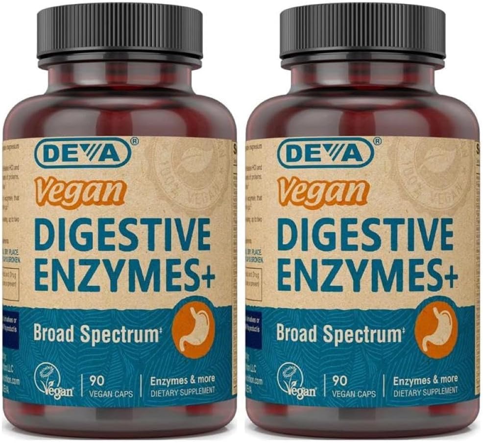 Deva Vegans Digests Digests Digestive Enzymes Plus תוסף - תערובת ייחודית של Enzymes & Herbs - 90 קפסולות (Pack of 2) חבילת May Vary Vary