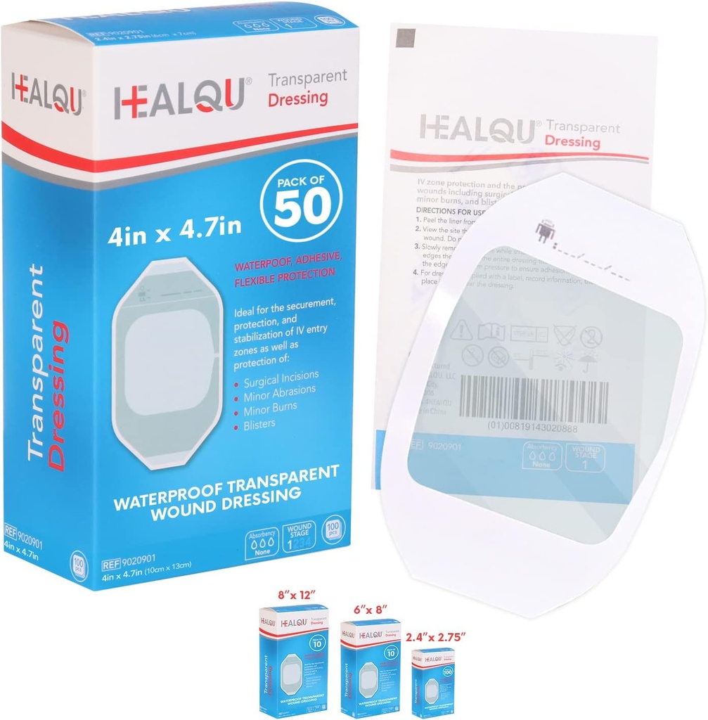 סרט Transud Dressing 4" x 4.75" (50 Pack) - נדנדה חסימת מים למקלחת פוסט-סורגית, IV Shield, קעקוע לאחר טיפול, Clear Breathable Dressing Patches על ידי HEALQU