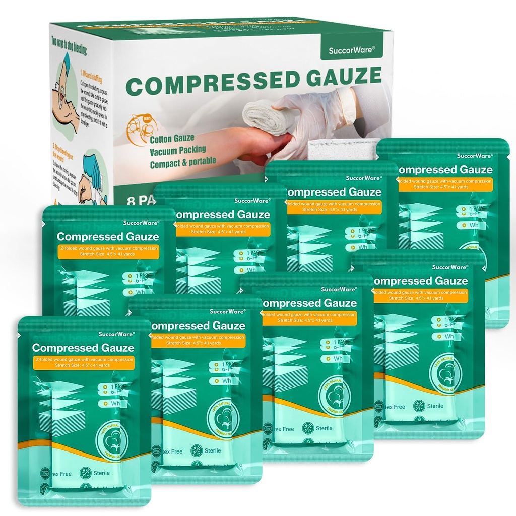 8 Packs Sterile Compressed Gauze עם Z-Folded - Wound Gauze for Bleed stop, 4.5 יארדס, 6-Ply - For First Aid Kit,Medical Trauma Kit, IFAK Supplies Refill