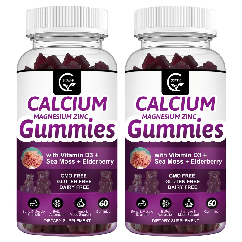 Calcium Magnesium Zinc Gummies with High Absorption Magnesium Glycinate Potassium - Plant Complex Calcium Magnesium 2:1 Ratio, עם D3 Sea Mos for Bone, השרירים, Immune & Sleep Support, 2 Pack 2