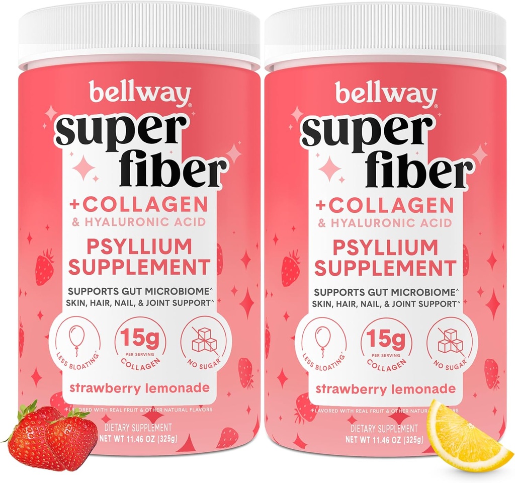 Bellway Super סיבים אבקה + Collagen (2 Pack), אבקת סוכר חינם Psyllium Husk עם Collagen Peptides for Gut Health, Skin, Nails, Bones & Joints, Strawberry Lemonade (22.92 oz)